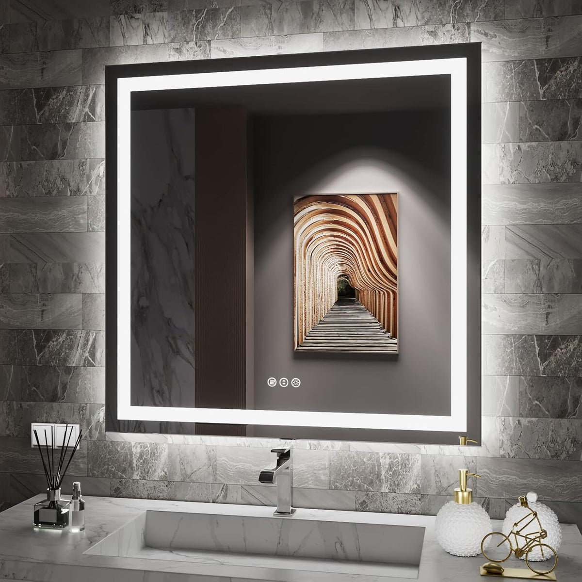 Amorho LED Bathroom Mirror 32"x 32" with Front and Backlight, Stepless Dimmable Wall Mirrors with Anti-Fog, Shatter-Proof, Memory, 3 Colors, Double LED Vanity Mirror(Horizontal/Vertical)