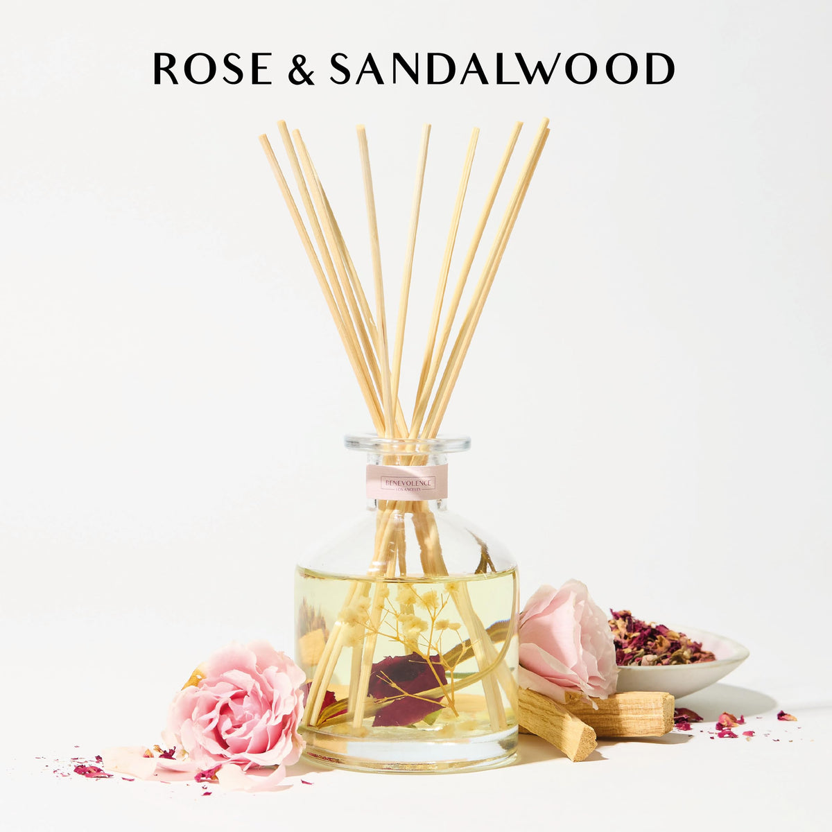 Benevolence LA Reed Diffuser, Rose & Sandalwood Scent Diffusers for Home with Oil Diffuser Sticks | Sun-Kissed Collection