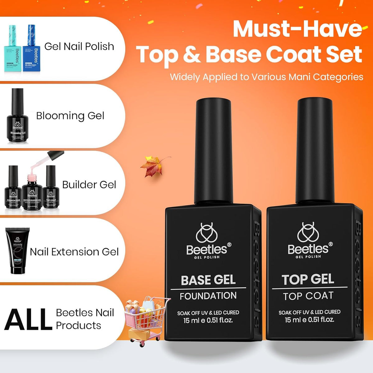Beetles No Wipe Gel Top Coat and Base Coat Set for Gel Polish - 2Pcs 15ml Super Shiny and Long Lasting Soak Off UV/LED Lamp Needed, Halloween Fall Nail Art Design Gift