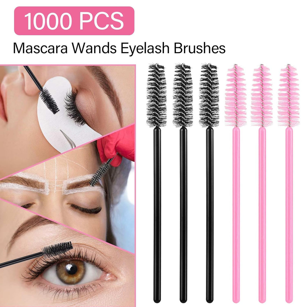 1000 Disposable Mascara Wands Eyelash Brushes Spoolies for Eyebrow Eye Lash Extension Black and Pink
