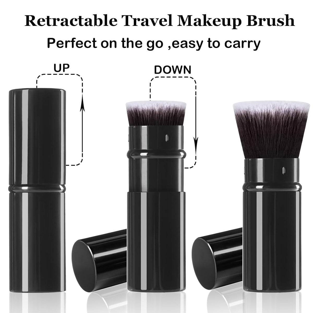 Retractable Makeup Brush 2 Pack, Travel Kabuki Powder Foundation Makeup Brush Face Blush Brushes for Blending Liquid, Blush, Bronzer, Buffing, Sunscreen,Flawless Cosmetics
