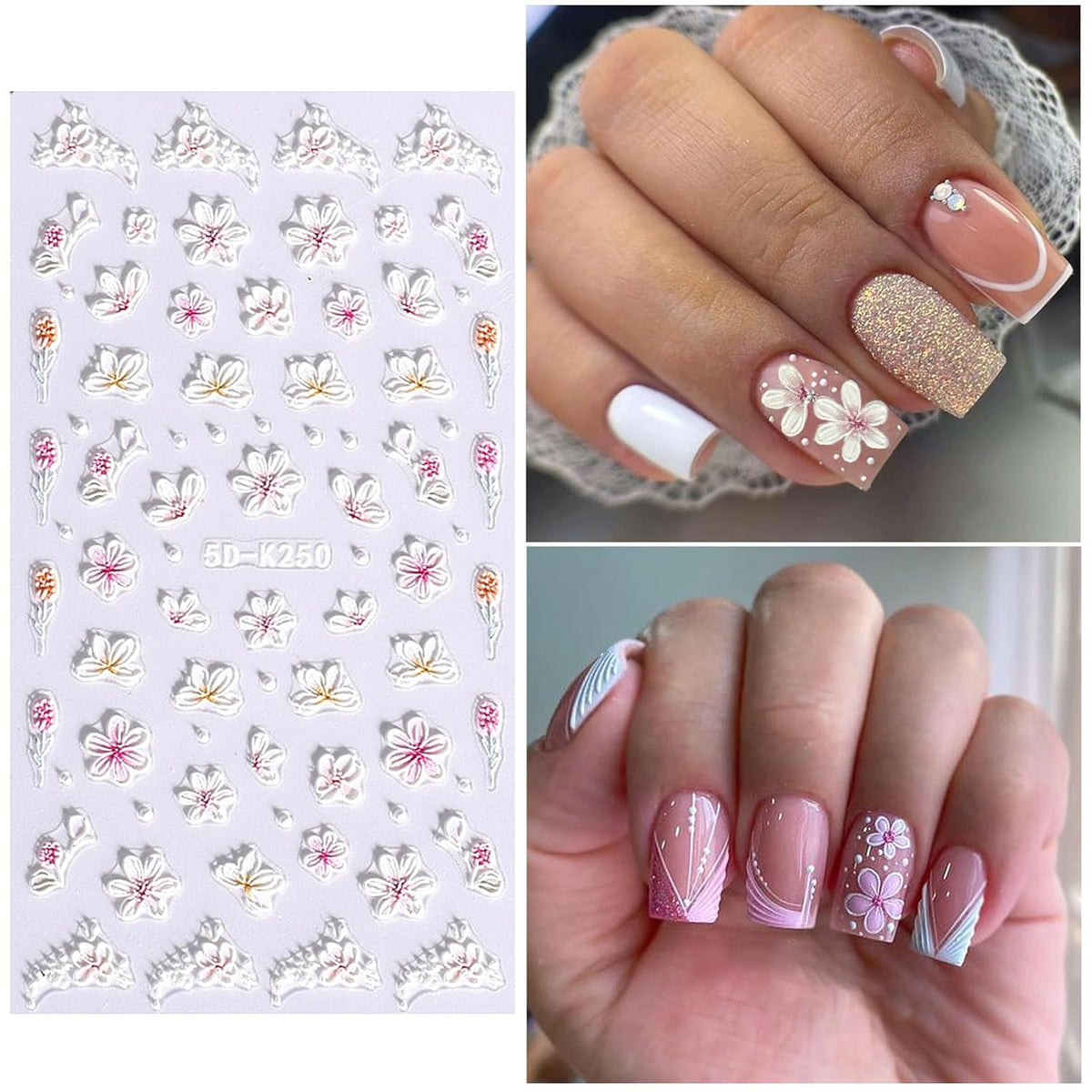 Pink Flower Nail Art Stickers Decals 5D Embossed Nail Decals Spring Summer Nails Art Design Self-Adhesive Supplies Accessories 3D Flower Stickers for Women Nails DIY Decoration