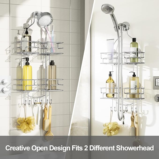 SRIWATANA Shower Caddy Organizer Hanging Over Head, Bathroom Shower Rack Hanger with Hooks for Razors - Chrome