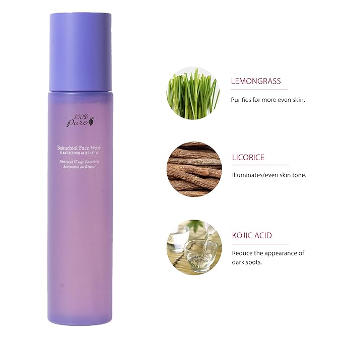 100% PURE Bakuchiol Face Cleanser Plant-Based Retinol Alternative Anti Aging Face Wash Gentle Kojic Acid & Licorice Daily Skincare Boost - Fresh Foam Facial Cleansing for Women & Men - 3.4 fl oz