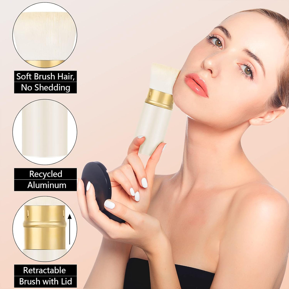Falliny Retractable Foundation Makeup Brushes, Travel Kabuki Powder Brush Portable Liquid Foundation Sunscreen Brush with Cover for Blending Liquid, Bronzer,Cream or Flawless Powder Cosmetics