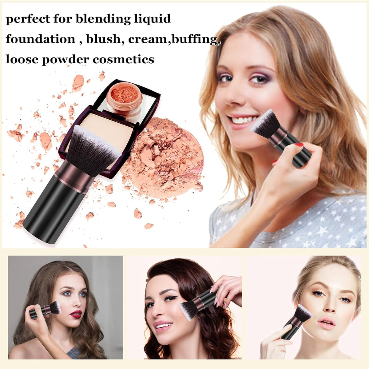 Retractable Makeup Brush, Travel Kabuki Powder Foundation Makeup Brush Face Blush Brushes for Blending Liquid, Flawless Cosmetics, Bronzer, Buffing, Sunscreen,