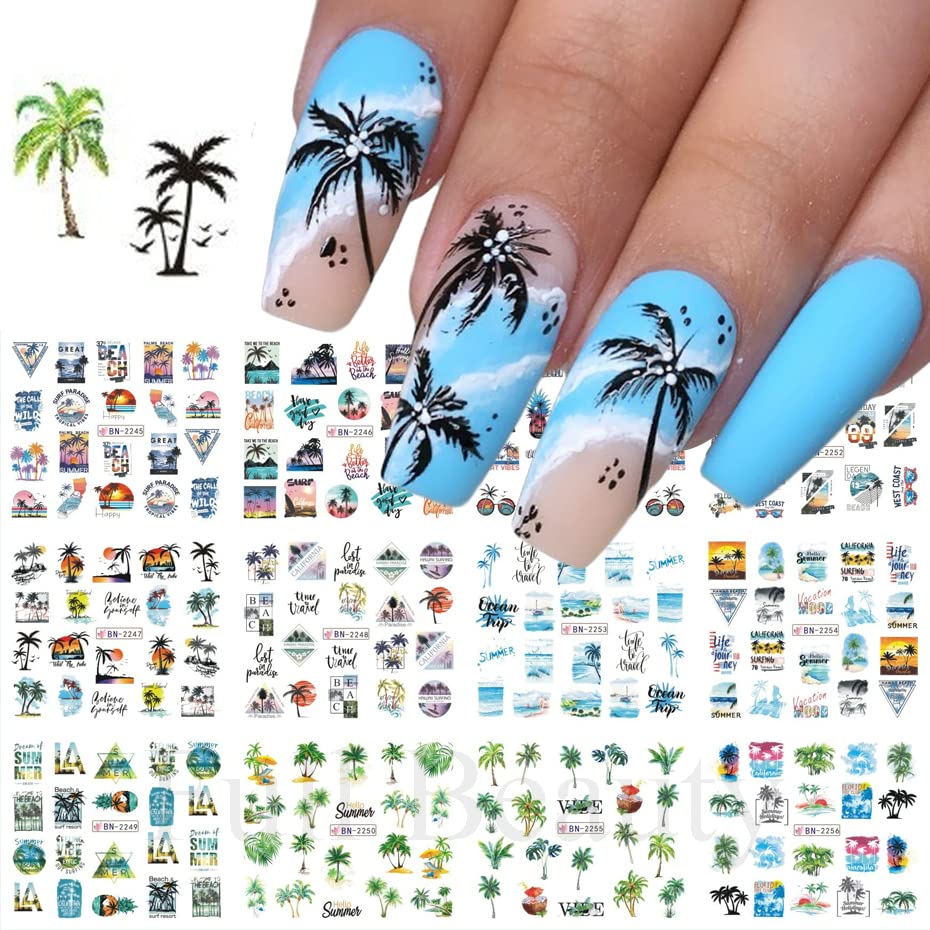 Summer Nail Art Stickers Water Transfer Summer Nail Decals for Nails Art Supplies Coconut Tree Ocean Beach Tropical Style Design Acrylic Nail Stickers for Women DIY Nail Art Accessories 12 Sheets