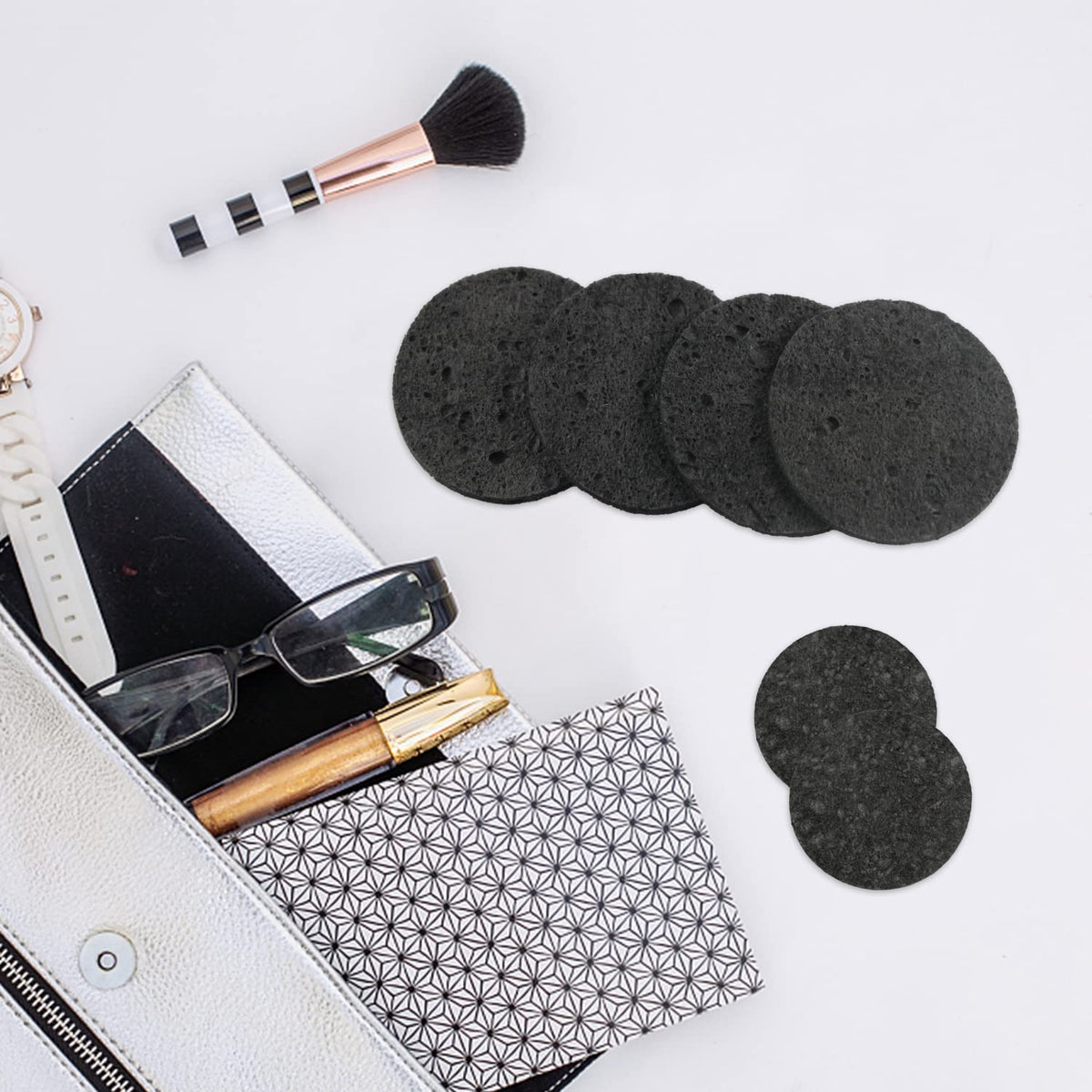 50-Count Facial Sponges Compressed Natural Cellulose Sponge Round Shape Face Sponge for Face Cleansing Exfoliating and Makeup Removal, Black