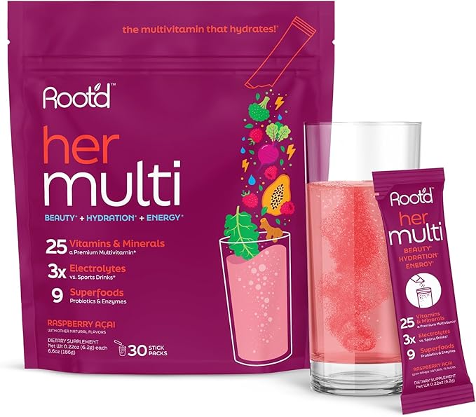 Root'd Multivitamin Powder for Women - 25 Vitamins & Minerals with 3X Electrolytes, 9 Organic Superfoods, Probiotics & Enzymes, Sugar-Free Multivitamin & Hydration | 30 Vitamin Drink Mix Packets