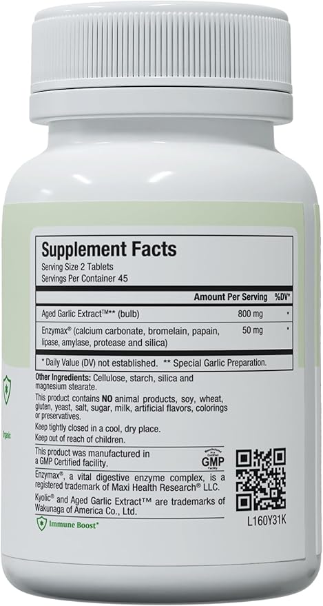 Maxi Health Kyolic Organic Garlic Supplement - Kosher Garlic Tablets with Kyolic Aged Garlic Extract for Immune Support - Vegetarian Garlic Pills (90 Count)