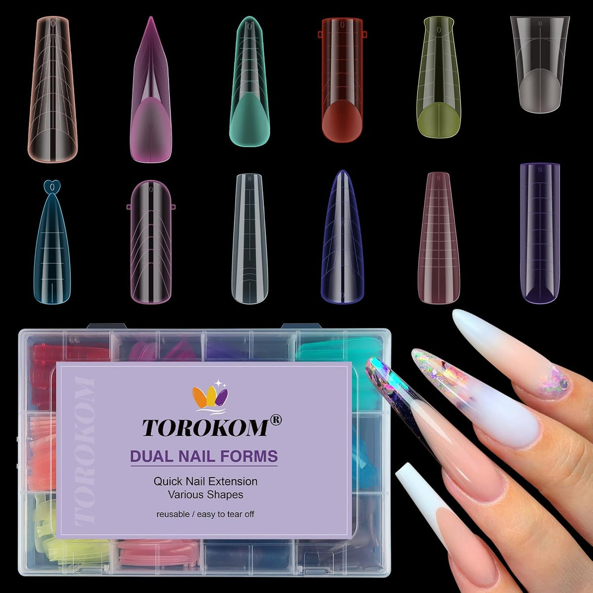 Dual Forms for Poly Nail Gel, 288PCS 12 Colors Dual Nail Forms Extension Molds Stiletto Coffin Square Acrylic Nail Tips 12 Shapes for Builder Gel Manicure Nail Art Design Salon DIY at Home
