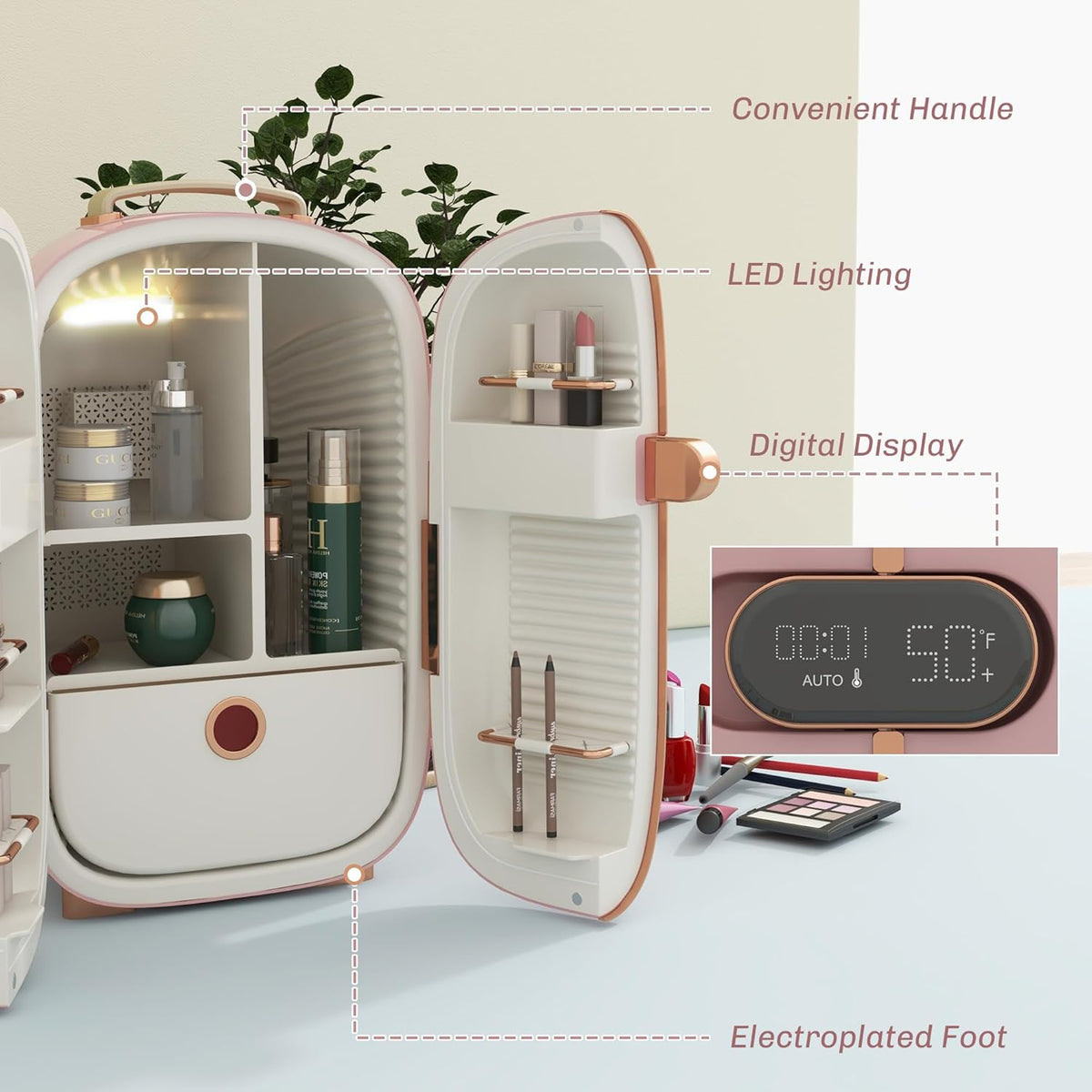 HOMCOM Portable Skincare Fridge with LED Display, 12L Mini Fridge for Beauty, Makeup and Cosmetics, Small Refrigerator Cooler for Bedroom, Home Office, Desktop, Pink