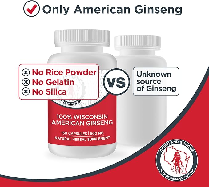 Dairyland American Ginseng Capsules - 150 ct, 500 mg - Wisconsin Ginseng Complex Capsules - Authentic American Ginseng Root Extract - Ginseng Capsules for Use as a Daily Immune Support Herb Supplement