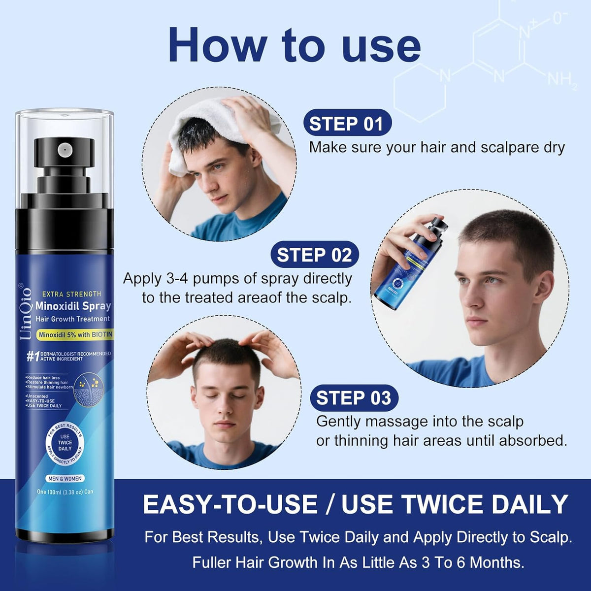 5% Minoxidil Spray for Men and Women, Infused with Biotin, for Hair Regrowth Treatment, Beard Growth, Extra Strength Treatment to Combat Hair Loss and Thinning, 5 Month Supply, 3 x 3.38 oz