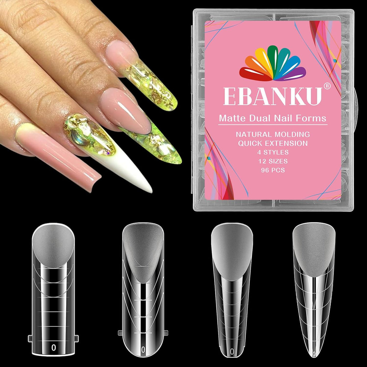 EBANKU Poly Gel Nail Forms 96PCS Clear Matte Dual Nail Forms Polygel Full Cover Nail Mold for Acrylic Nail Extension 12 Sizes 4 Styles Poly Gel Nail Art Salon Nails