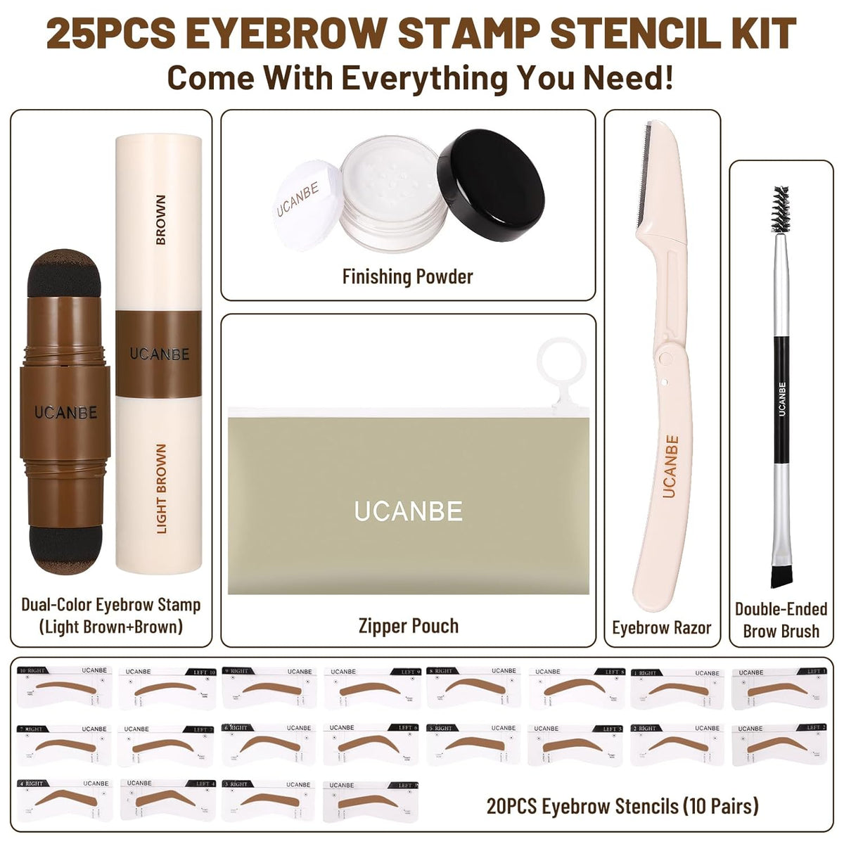 UCANBE 25PCS Eyebrow Stamp Stencil Kit With Dual-Color Eyebrow Stamp Pomade,20 Reusable Eyebrow Stencils,Finising Powder,Brush,Eyebrow Razor,Zipper Pouch,Waterproof Eye Brow Stamping and Shaping Kit02