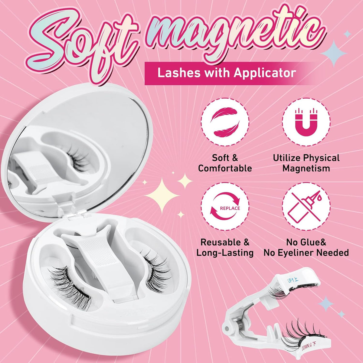 Magnetic Eyelashes Soft Magnetic Lashes With Applicator,3s Application 1s Removal No Glue Needed Long Lasting and Reusable Soft Magnet Lashes Waterproof Cruelty Easy To Wear (1Pair,Frisky)