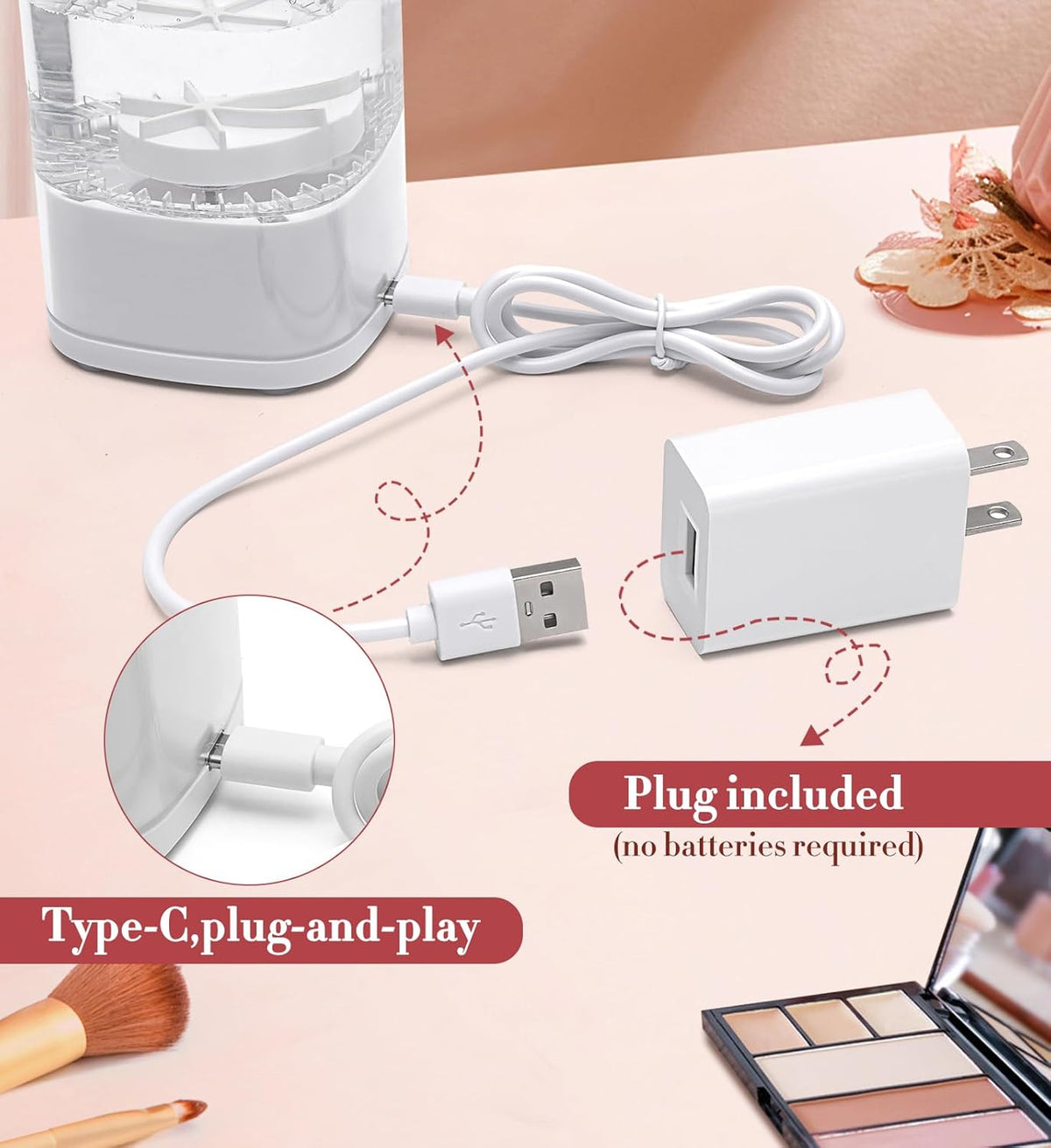 Electric Makeup Brush Cleaner, 7000 RPM Makeup Brush Cleaner Machine, Efficient Automatic Portable USB Cleaner Tool for All Types of Makeup Brushes, Convenient Makeup Brush Cleaning-Transparent ﻿