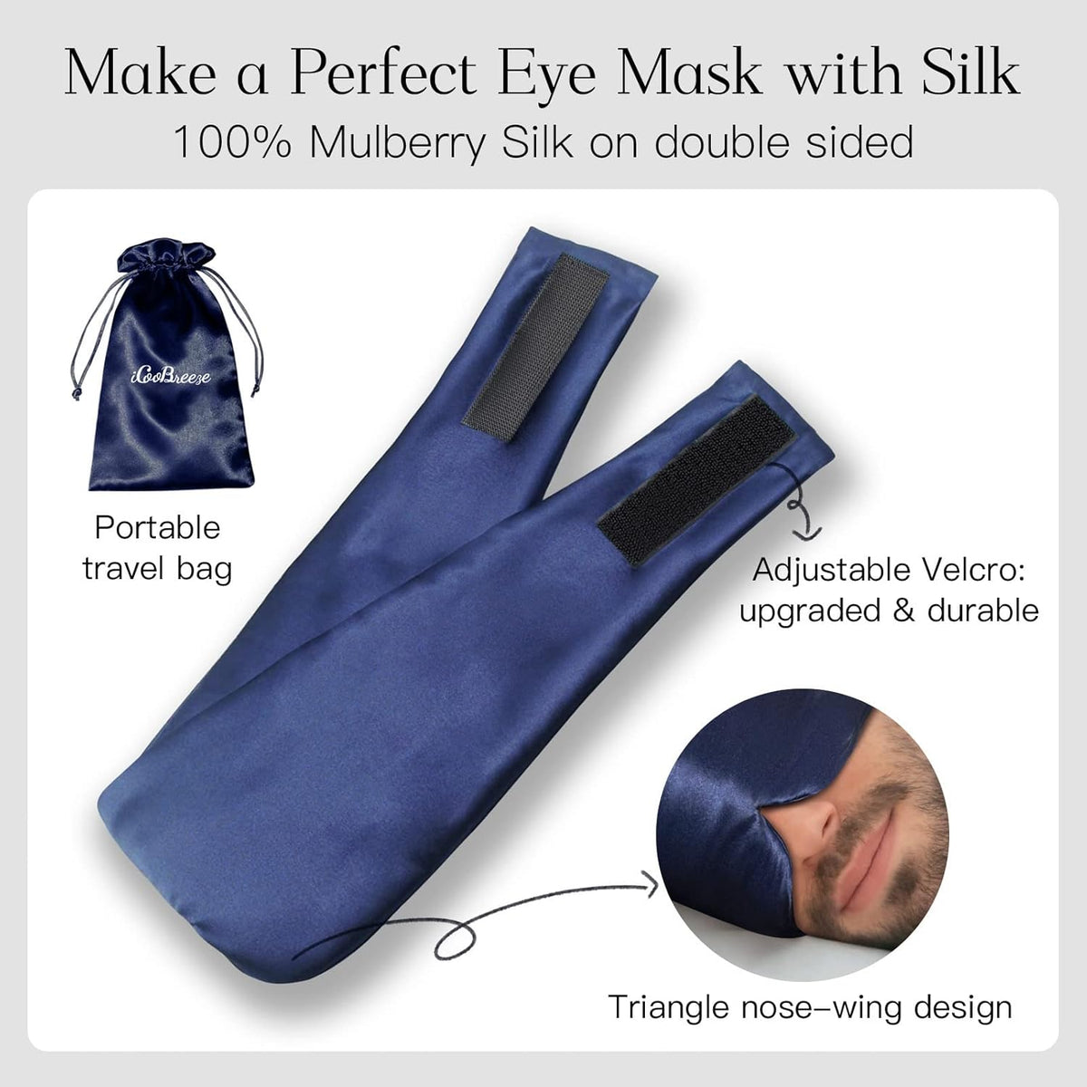 100% Natural Silk Eye Mask for Women Men, Soft Pressureless Cooling Blackout Eye Covers for Sleeping, Large Size Sleep Mask fits All Heads Adjustable, 1PC, Navy Blue