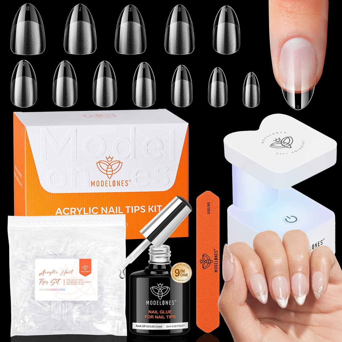 modelones Short Almond Gel Nail Tips Kit, 9-in-One Nail Glue with Portable U V Lamp 216Pcs 12Sizes Pre-Etched Press ons Fake Acrylic Extension Kit DIY Salon Gift for Women