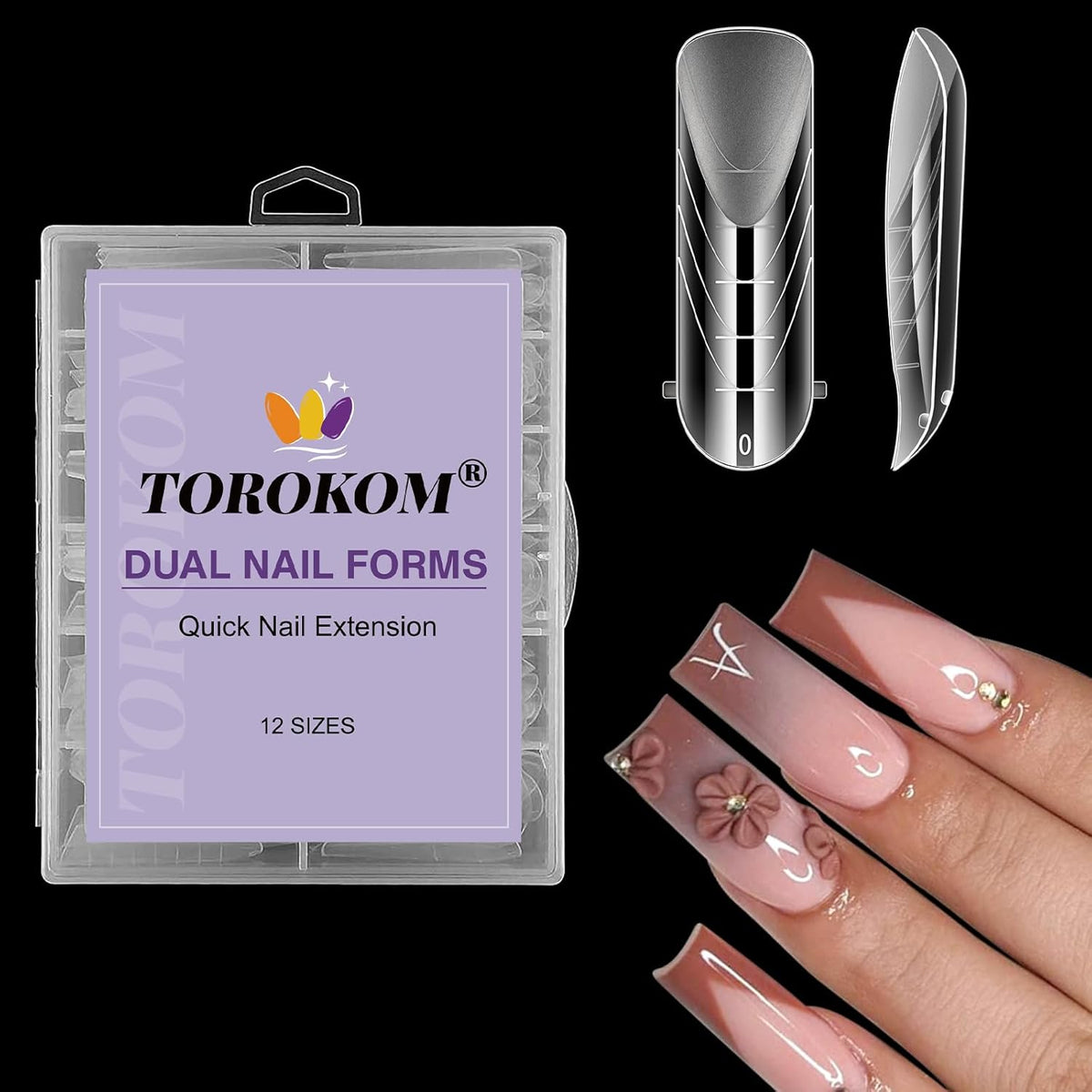 TOROKOM Poly Extension Gel Dual Nail Forms Nail Forms, 120Pcs Full Cover Coffin Nail Molds 12 Sizes for Gel Manicure Nail Art Design Salon&DIY