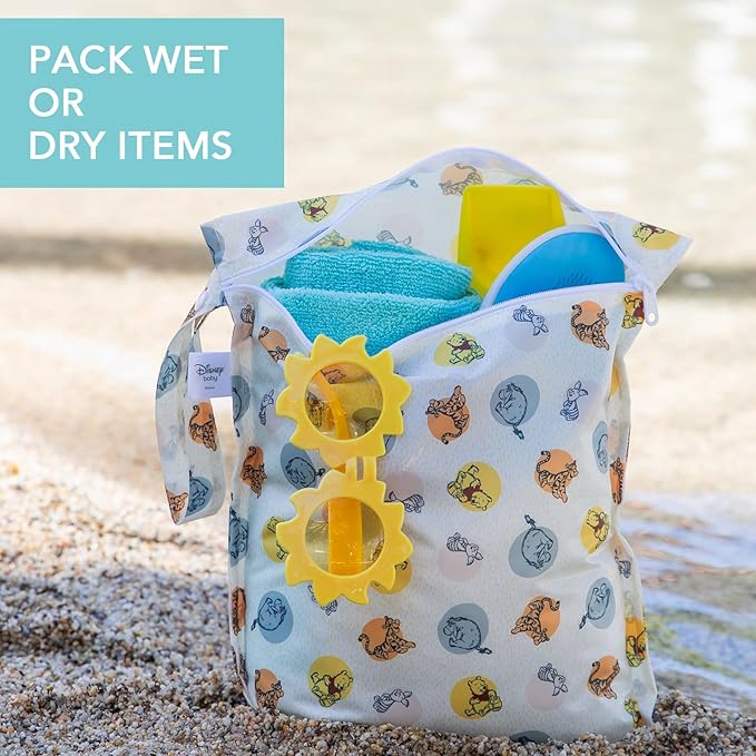 Bumkins Disney Waterproof Wet Bag for Baby, Travel, Swim Suit, Cloth Diapers, Pump Parts, Pool, Gym Clothes, Toiletry, Strap to Stroller, Daycare, Zip Reusable Bag, Packing Pouch, Winnie the Pooh