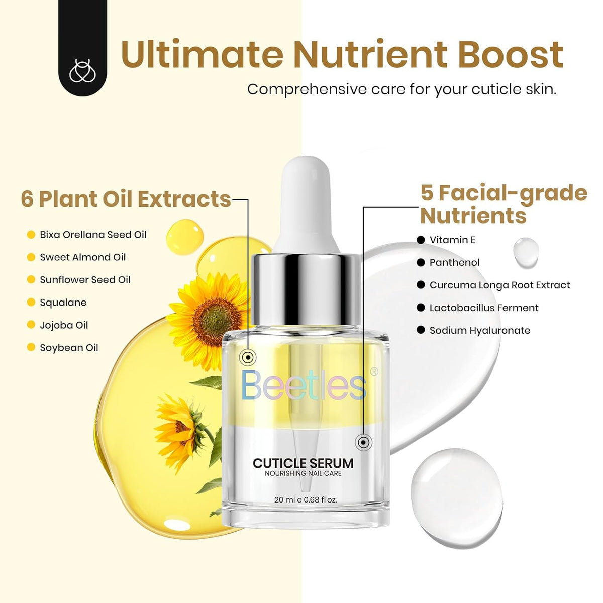 Beetles 20ml Cuticle Oil Nail Oil Care for Nail, Hydrating Oil For Repaired Cuticles, Remedy For Damaged Skin & Thin Nails Vitamin E, Rice Bran & Sweet Almond Oils Softener Nail Repair Gift for Her