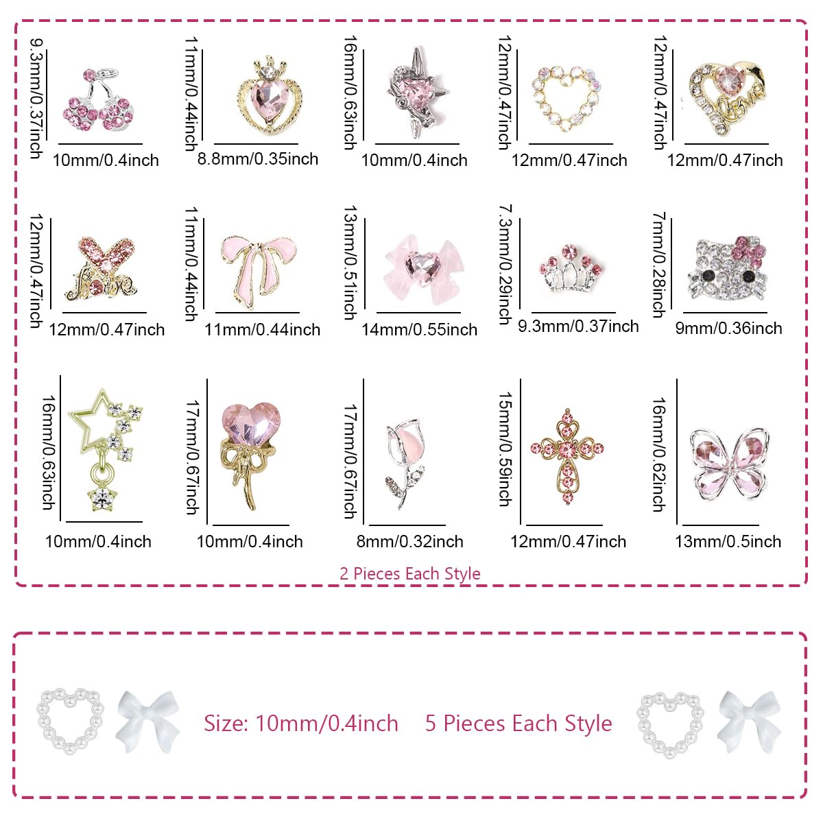 40PCS Nail Charms Y2k Pink Gold Nail Art Rhinestone Charms 3D Heart Star Bow Cherry Nail Gems for Acrylic Nail Accessories for Women Girl Manicure DlY Crafts Supplies
