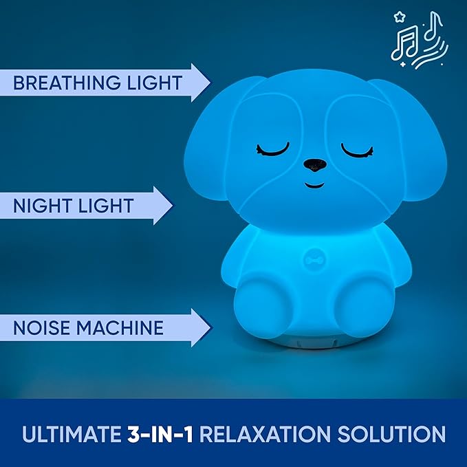 Mindfulness 'Breathing Puppy' | 4-7-8 Guided Visual Meditation Breathing Light | 3 in 1 Device with Night Light & Noise Machine for ADHD Anxiety Stress Relief Sleep - Gift for Kids Adult Women Men