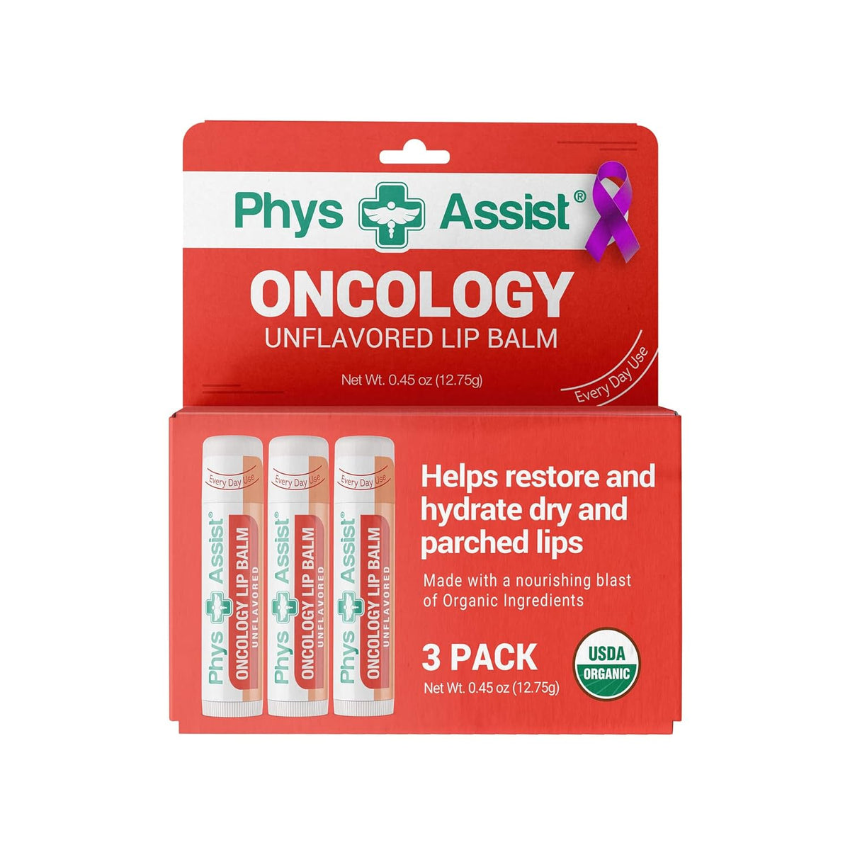PhysAssist Oncology Lip Balm USDA Organic Unflavored Moisturize, Hydrate & Protect Dry parched lips during Chemo or Radio USDA Organic. 3 Pack