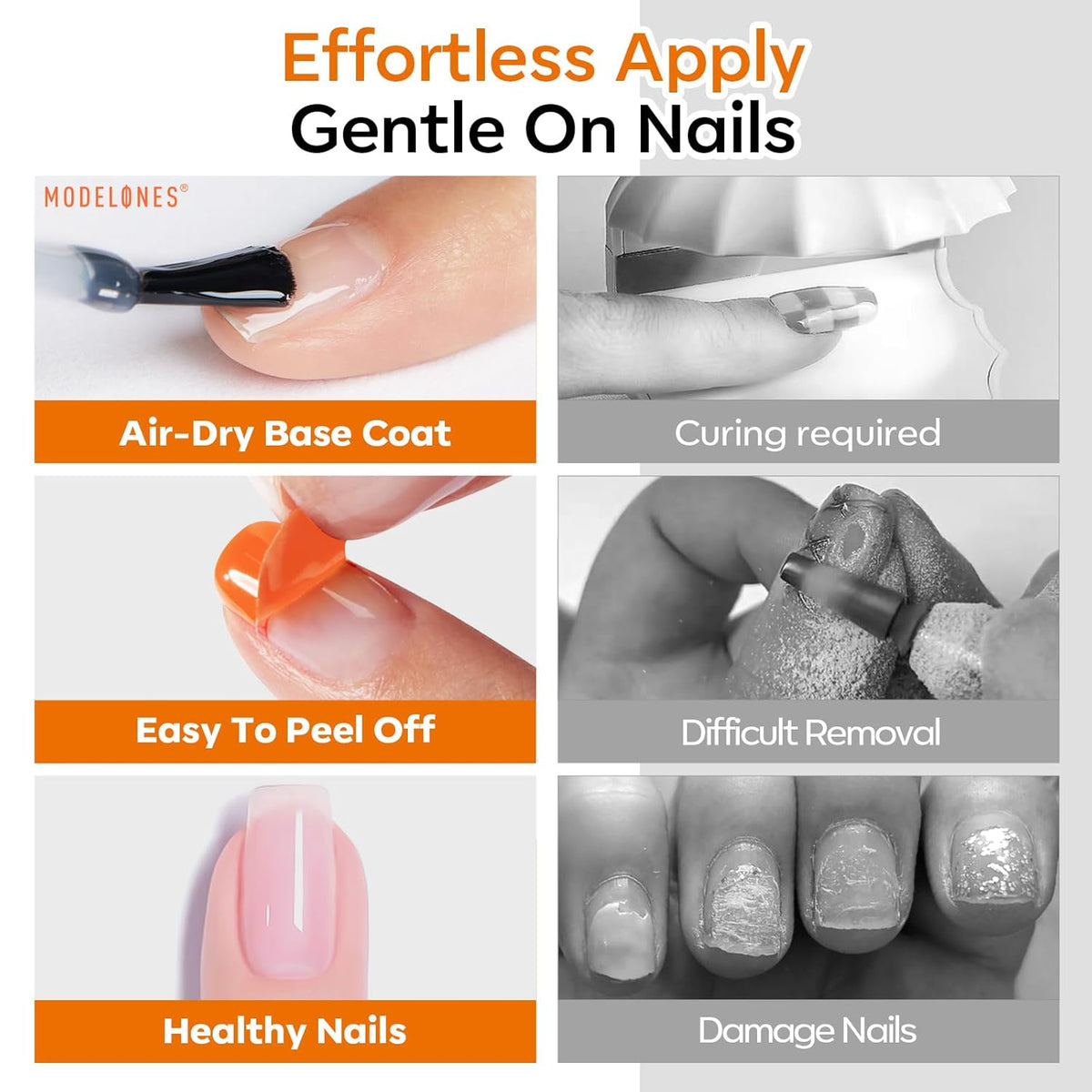 Modelones Gel Top Coat and Peel Off Base Coat Set, 2 Pcs No Wipe Clear Top Gel Nail Polish and Peelable Practice Base Easy Removal, Nail Art Manicure DIY Gift for Weak Thin Nails Beginner Women 10ml