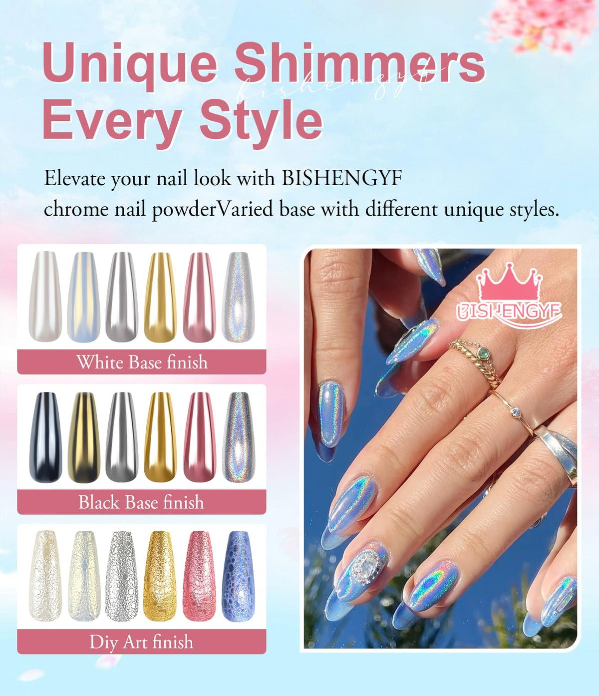 Chrome Nail Powder Kit - Black White Colors Gel Polish Mirror Metallic Effect Holographic Aurora Iridescent Pearlescent Manicure White Pearl Chrome Nail Powder for Nails DIY