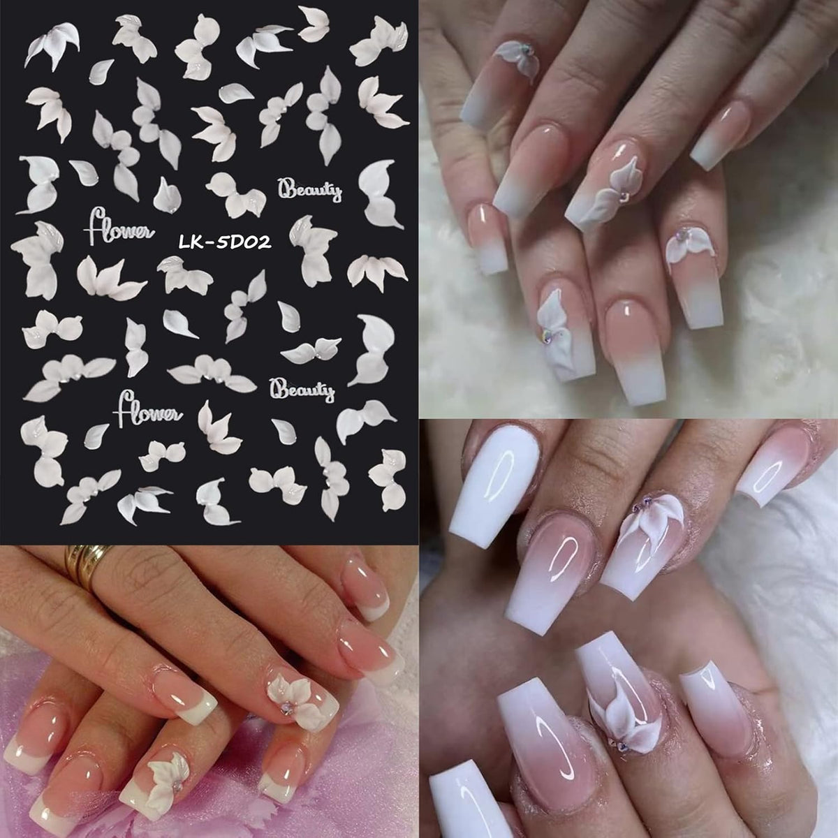 6 Sheets Flower Nail Stickers for Nail Art 5D Embossed Engraved Nails Decals 3D Spring Nails Supplies Accessories Self-Adhesive DIY Design Decoration for Women and Girls