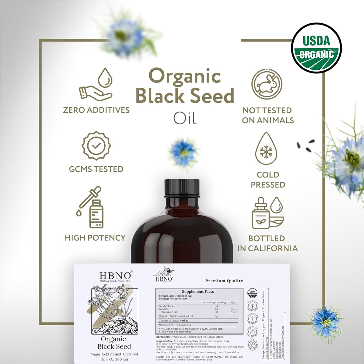HBNO Organic Black Seed Oil - Huge 32oz (950ml) Glass Bottle Value Size - USDA Certified Organic Black Seed Oil, Cold Pressed for Face, Body, Lips, Shampoo & Conditioner