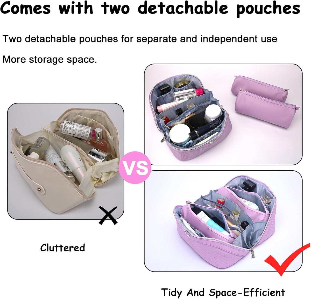 Travel Makeup Bags Cosmetic Organizer Bag: Quilted Make up Bag Set of 3 - PU Leather Toiletry Bags for Women - Portable Makeup Organizer with Compartments & Handle & Divider (14-Purple)