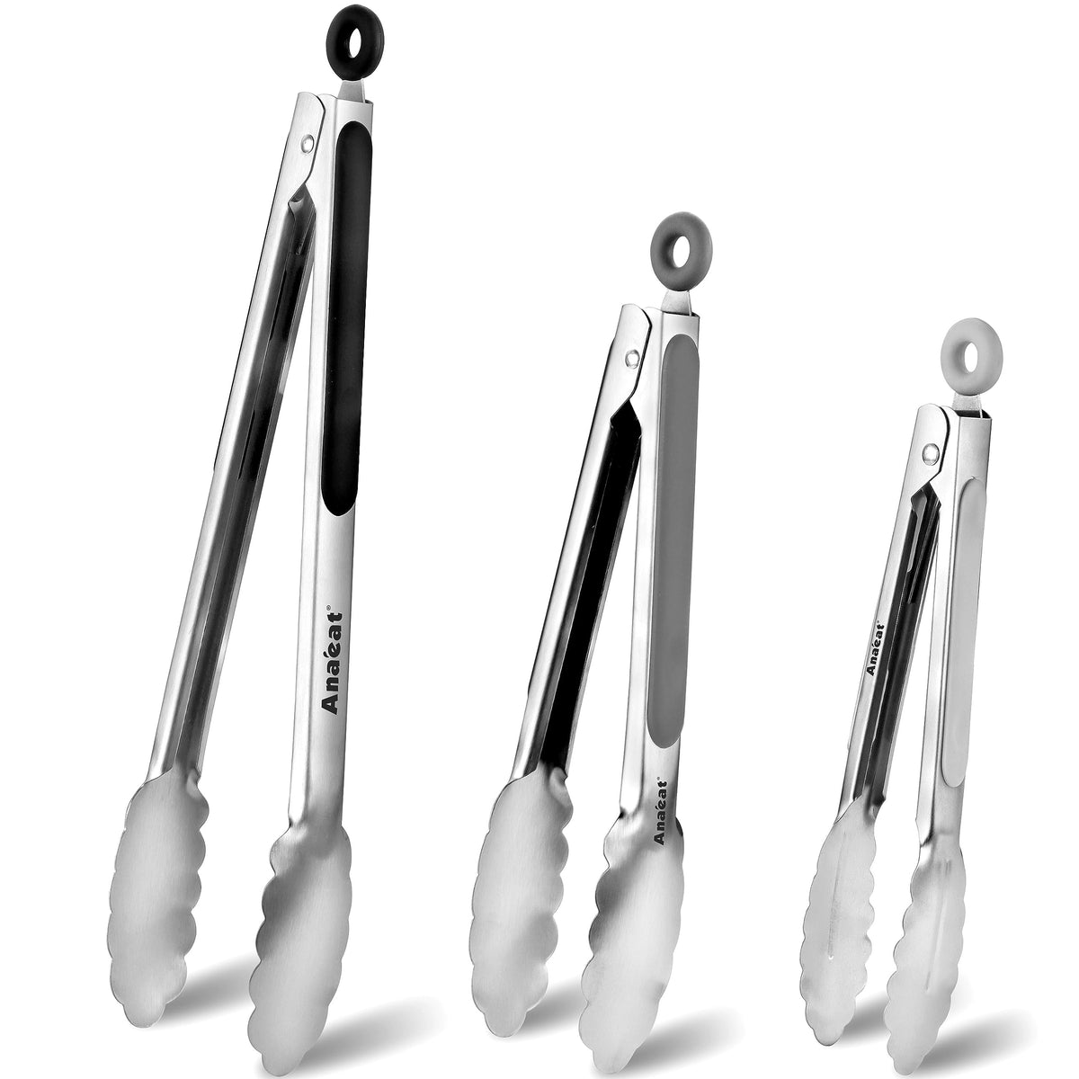 Anaeat Non-Stick Silicone Locking Tong Set of 2 - Stainless Steel 9" and 12" Kitchen Food Tongs with Non-Slip Silicone Tips and Grip for Cooking, Baking and BBQ - Heavy Duty & Heat Resistant (Black)