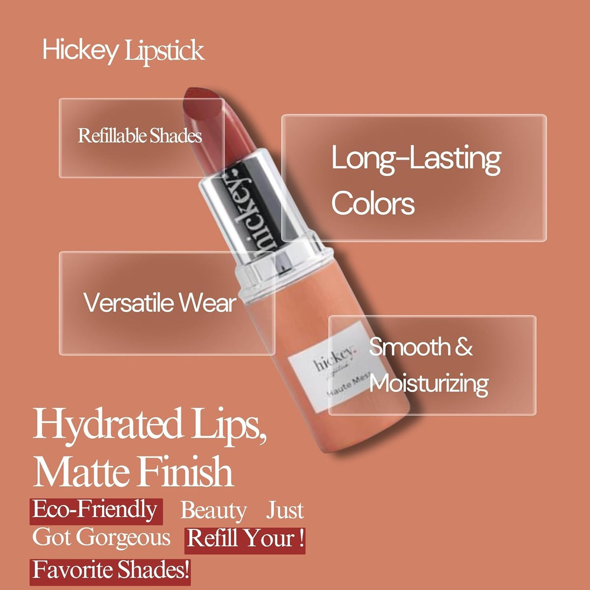 Hickey Lipstick Organic Haute Mess Terracotta Lipstick Shade Refill - Long Lasting Lipstick for Women, Hydrating & Moisturizing Shade, Lip Color for Women, Gluten-Free & Vegan with Highly Pigmented