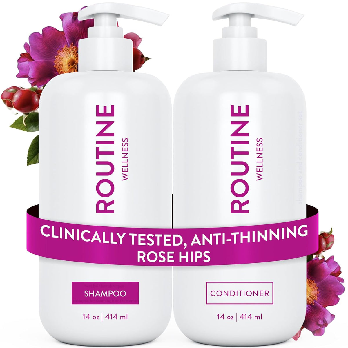 Routine Wellness Anti-Thinning Shampoo and Conditioner Set for Thinning Hair - Biotin DHT Blocker Women & Men - Color Safe Shampoo for Hair Loss & Healthier Hair - Rose Hips (Pack of 2)