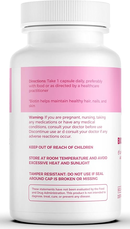 Extra Strength Biotin 5000 MCG, 60 Capsules for Hair, Skin, Nail & Bone Health, Non-GMO & Gluten-Free, High-Potency Biotin Supplement (2-Month Supply)