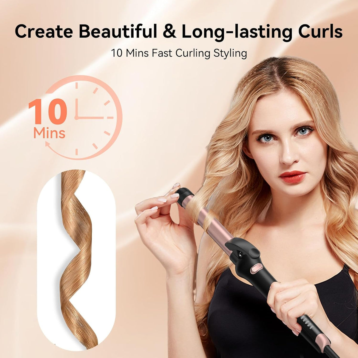Rotating Curling Iron 1 Inch, Automatic Curling Wand, Anti-Scald Ceramic Hair Curler for Lasting Curls Waves, Auto-Shut Off Adjustable Temp 140℃- 220℃, Dual Voltage for Home Travel, Rose Gold
