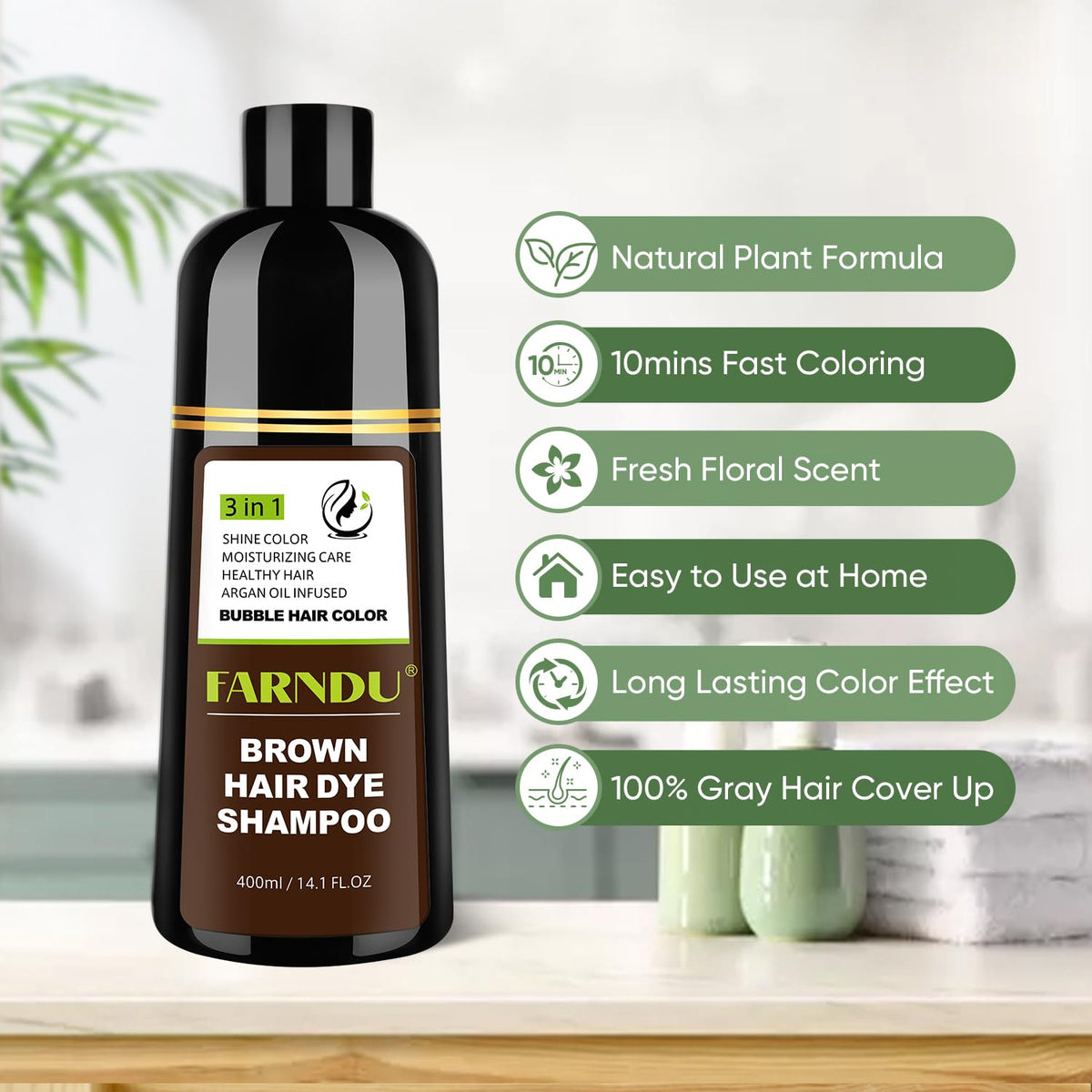 Brown Hair Dye Shampoo for Women Men, Gray Hair Coverage, Natural Herbal Ingredients