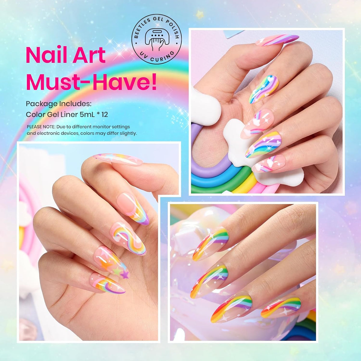 Beetles Summer Rainbow Nail Art Gel Liner Set, 12 Colors Neon Gel Nails Polish Pink Orange Blue Yellow Swirl Nails Built Thin Nail Art Brush in Bottle Soak Off Uv Lamp Manicure Salon Gifts for Women