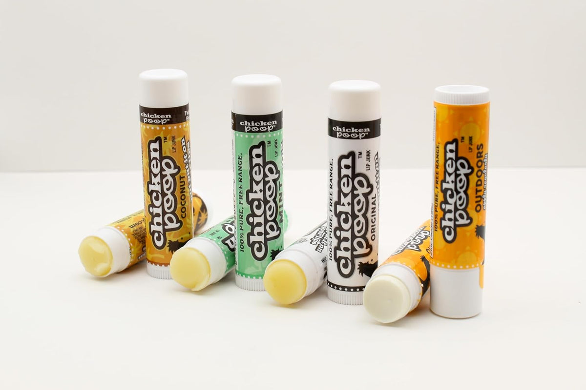 Chicken Poop Lip Balm Simone Chickenbone 100% Natural Moisturizer for Dry, Chapped Lips, Combo (Original, Mint, Outdoors with SPF 30, Coconut), 4 Pack