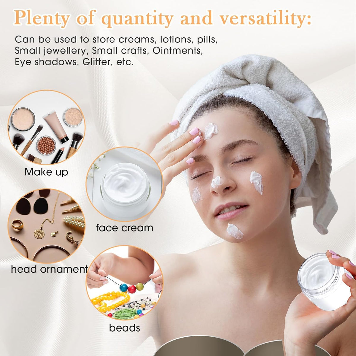 SATINIOR 100 Pcs Plastic Jars with Lids Small Containers Lids Wide Mouth Small Plastic Containers for Lotion Cream Rhinestones Body Butters Travel Storage(6 oz,White)