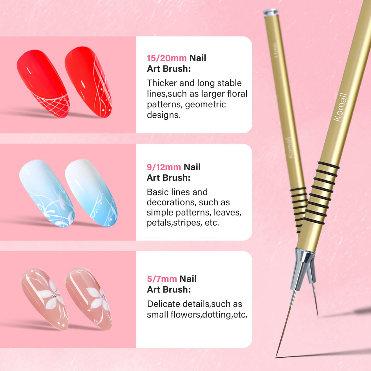 Metallic Nail Art Brushes, 6Pcs Non Slip Liner Brush Set, UV Gel Polish Painting Art Design Pen for Long Lines, Thin Details, Fine Drawing Sizes 5/7/9/11/20/25mm(Gold)