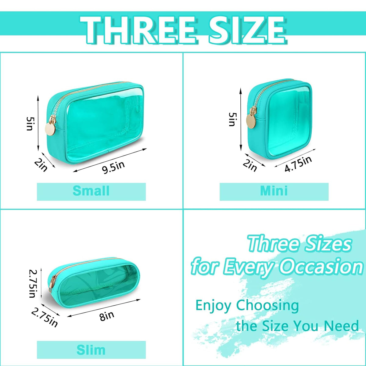 Clear Small Makeup Bag with Zipper, Nylon&PVC Cosmetic Travel Bag Preppy TSA Approved Toiletry Bag for Women Girls, Transparent Waterproof Makeup Pouches Cute Travel Bag for Purse(Small-Mint Green)