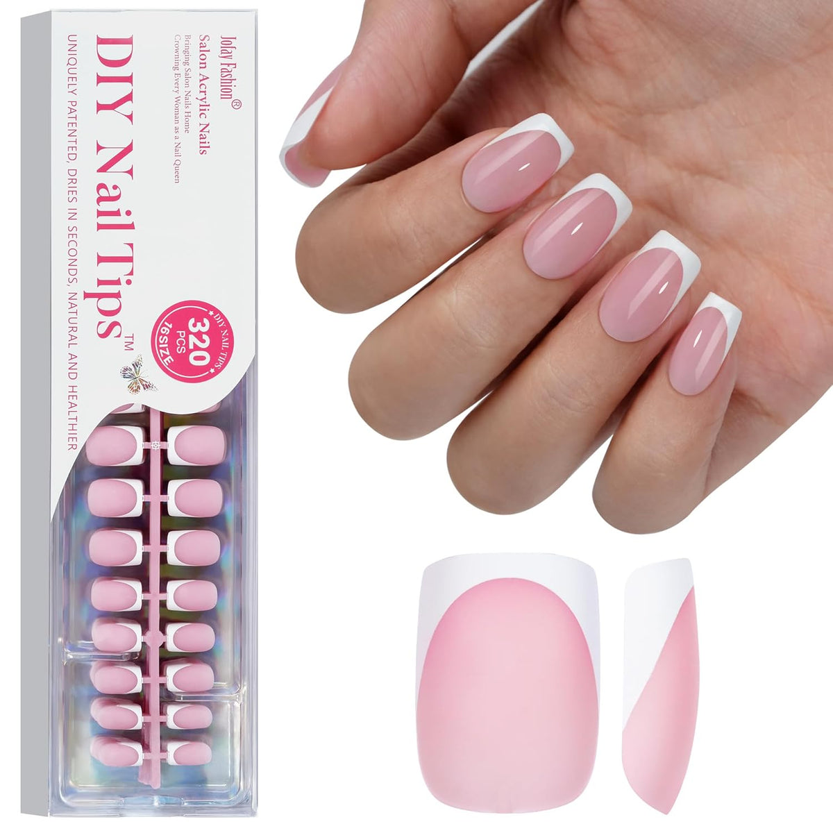 French Gel Nail Tips - Jofay Fashion Short French Tip Press on Nails, 10-Piece Set 320Pcs Pink Square Nail Tips, Pre-applied Tip Primer & Base Coat, No Need to File Fake Nails for Nail Art, 16 Sizes