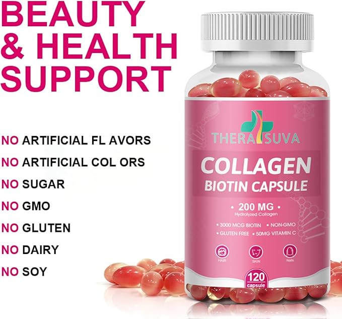 Multi Collagen Complex 200MG + Biotin 3000MCG + Vitamin C 50MG Per Serving! Promotes Healthy Hair, Beautiful Skin, and Nail Support! 120 Capsules, 60 Day Supply