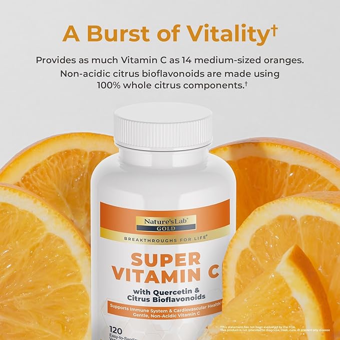 Nature’s Lab Gold Super Vitamin C 1000mg – Immune System Support – Contains Bioflavonoids Complex & Quercetin – Non-Acidic, Non-GMO, Gluten Free, Vegan – 120 Capsules (2 Month Supply)