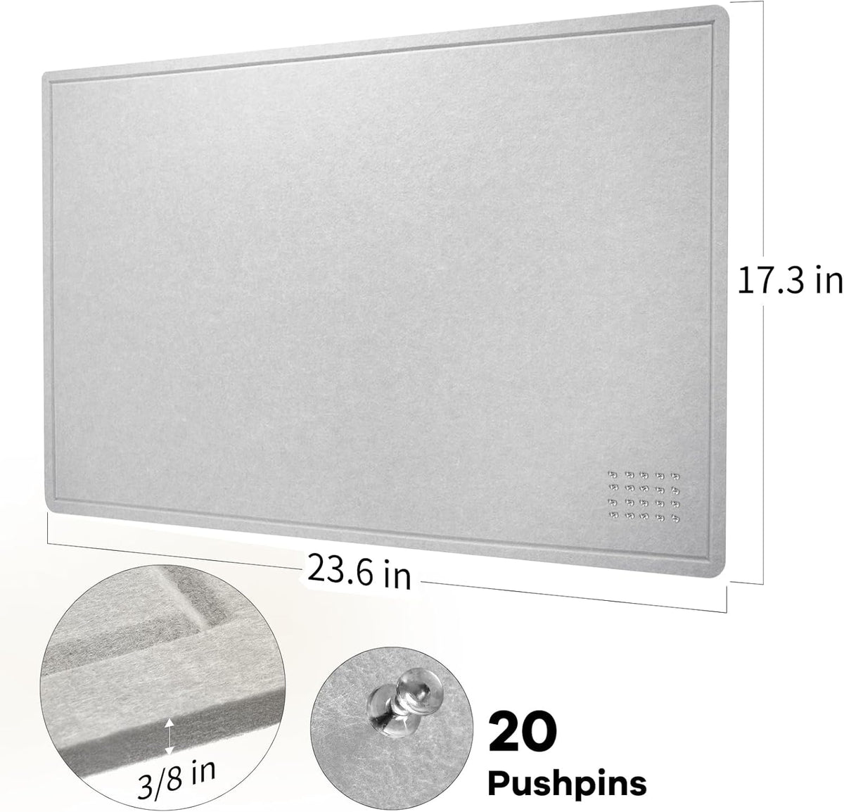 Bulletin Board, 24 x 18 inches Felt Board Decorative Pin Board, Cork Board Alternative for Wall, Foldable Photo Board Self-Adhesive Vision Board Mood Board with 20 Pushpins - Light Gray
